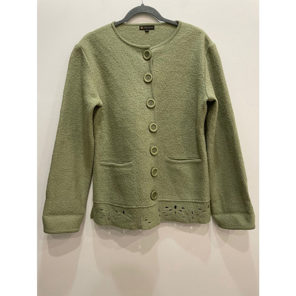 Vintage Rino Rossi Boiled Wool Jacket Cardigan Button Up Floral Cutout Green M - Picture 1 of 16